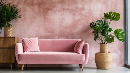 Pink velvet loveseat sofa, wooden cabinet and potted houseplant against venetian stucco wall. Scandinavian home interior design of modern living room
