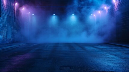 A dark empty street, dark blue background, an empty dark scene, neon light, spotlights The asphalt floor and studio room with smoke float up the interior texture. night view  