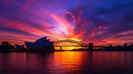 Fototapeta premium Sydney Opera House and Sydney Harbour Bridge at sunset, Australia. A breathtaking photograph capturing the iconic Sydney Opera House and Harbor Bridge silhouetted against a vibrant sunset sky. 