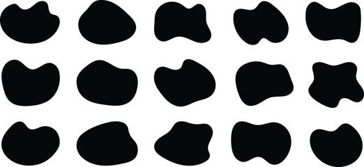 Blob shape organic set. Random black cube drops simple shapes. Pebble, inkblot, drops and stone silhouettes. Collection of paint liquid black blotch spot irregular form - obrazy, fototapety, plakaty