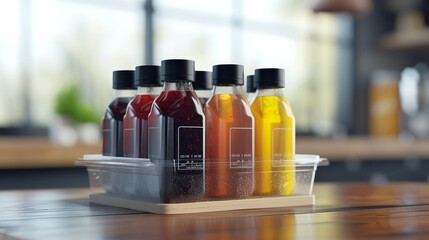 a to go packaging for a 4 pack of bottled sauces    - obrazy, fototapety, plakaty