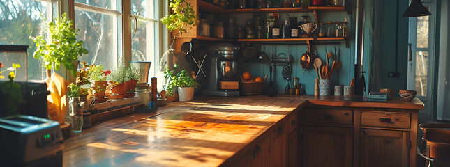 wooden bar counter in kitchen with sunlight and natural surroundings, Generative AI - obrazy, fototapety, plakaty