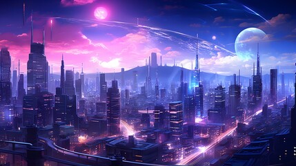 Night city panorama with neon lights and moon. 3d rendering