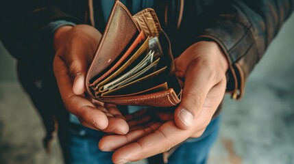 An Empty wallet in the hands of a young man    - obrazy, fototapety, plakaty