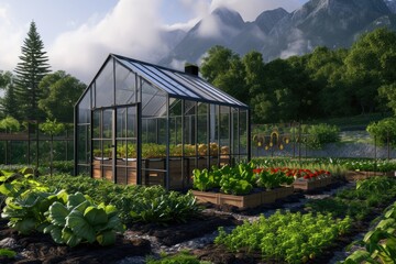 Eco-Friendly Greenhouse in Mountainous Landscape. A sustainable glass greenhouse amidst an organic vegetable garden, with a backdrop of majestic mountains.

