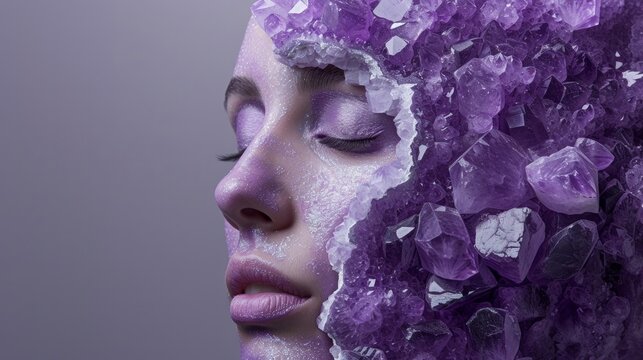 beautiful human, made of purple Crystal Geode, Split open, marble skin, showcasing crystals inside. Surrealistic concept photography   