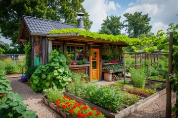 Fototapeta na wymiar Sustainable Wooden Cabin in Lush Garden. A cozy wooden cabin surrounded by vibrant flowers and vegetable beds in a sunny, well-maintained garden.