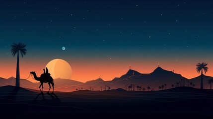 Man riding a camel in the desert night with a mosque and crescent moon in the background, night view of the Arabian desert. generative ai - obrazy, fototapety, plakaty