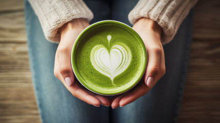Woman holding a cup of hot matcha latte - 725483533