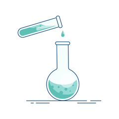 A flask with a colored solution and a test tube. Chemical reaction. Laboratory tests. Mixing of reagents. Experiment and observation