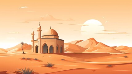 illustration of a mosque building in the middle of the desert. generative ai