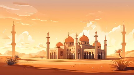 illustration of a mosque building in the middle of the desert. generative ai