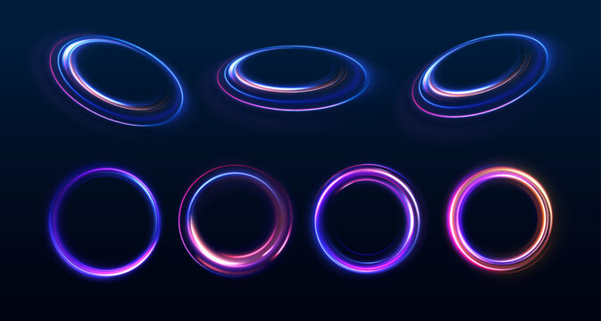 Set of speed lines in circle shape of neon colors for your design. Curve light effect of blue line. Luminous blue circle.	