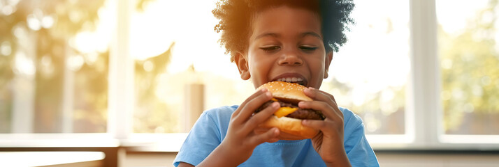 happy smiling joyful young girl with radiant smile enjoying burger in sunlit room, epitomizing simple childhood pleasures, childs delight in a bite, home fastfood - obrazy, fototapety, plakaty