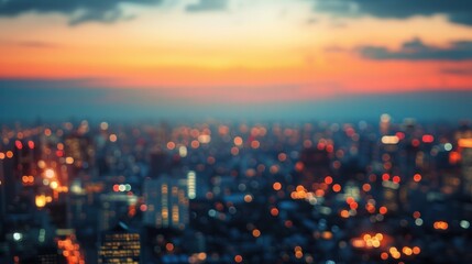 Bright glowing lights of district in megapolis under dusk sky in evening on blurred background    - obrazy, fototapety, plakaty