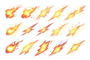 Set of cartoon style lightning bolts on transparent background collection. Generative AI