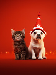 Fototapeta na wymiar cat and dog with hat next to the eiffel tower during new year