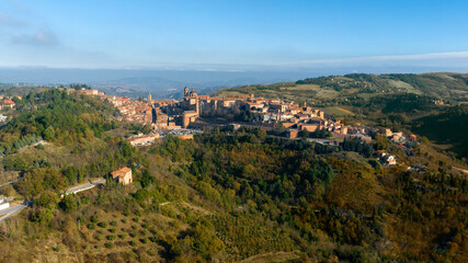 Aerial view of Urbino, the capital of the province of Pesaro and Urbino in the Marche, Italy. It was an important city in the Italian Renaissance and its historic center is a world heritage site.
