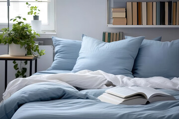 Obraz premium modern bedroom interior a bed with blue pillows, white spread and a book,