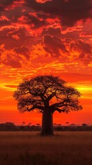 Obraz premium Silueta de baobab contra un dramático cielo africano al atardecer, con nubes rojizas y ambiente salvaje.