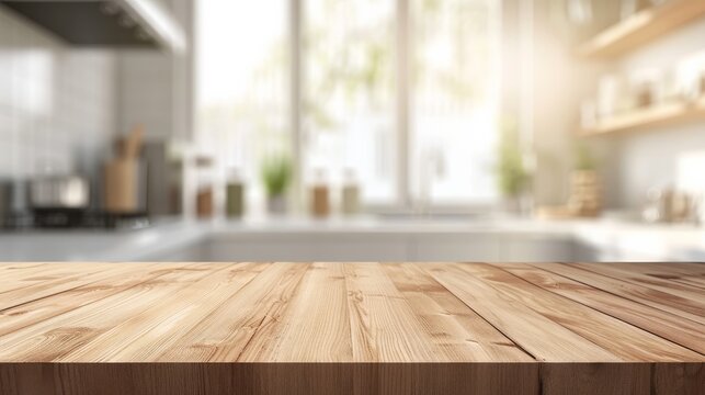 Empty beautiful wood table top counter and blur bokeh modern kitchen interior background in clean and bright,Banner, Ready for product montage    
