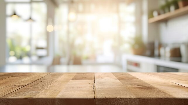 Empty beautiful wood table top counter and blur bokeh modern kitchen interior background in clean and bright,Banner, Ready for product montage   