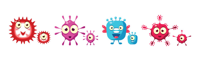 Bacteria and Microbes Characters with Funny Smiling Faces Vector Set