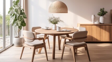 Beige chairs at rustic round wood dining table. Japandi minimalist style home interior design of modern living room