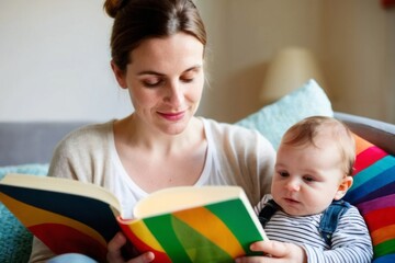 Young mother reading colorful fabric book to infant cradled in her arms.