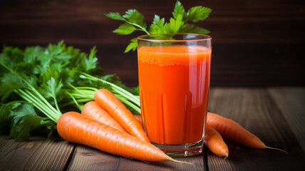 A glass of vibrant carrot juice smoothie juice accompanied by fresh carrots, celery sticks, and parsley on a wooden kitchen table