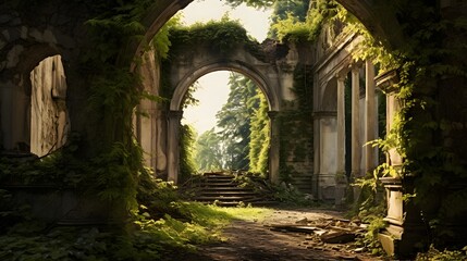 A panoramic shot of an old abandoned building in the woods