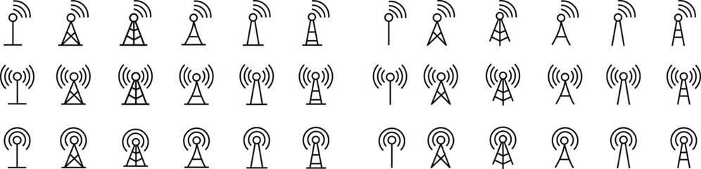 Antenna line icon set. Radio antenna black linear vector isolated on transparent background. Radio tower. Communication towers outline collection. Transmitter receiver wireless signal. Easily editable - obrazy, fototapety, plakaty