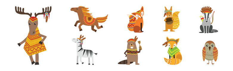 Funny Animal Character with Ethnic Ornament Vector Set