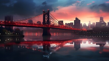 Panoramic view of San Francisco skyline at sunset with reflections in water.