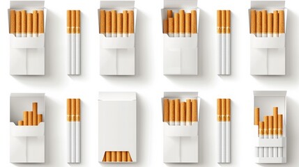 Pack or packet of cigarettes open, closed, empty, filled realistic mockups set. Copy space. Place for image. Front view. Vector smoking templates collection isolated on white background.    - obrazy, fototapety, plakaty