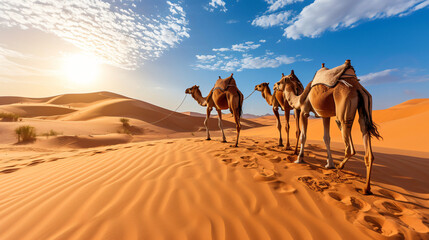 Camel family walking in desert