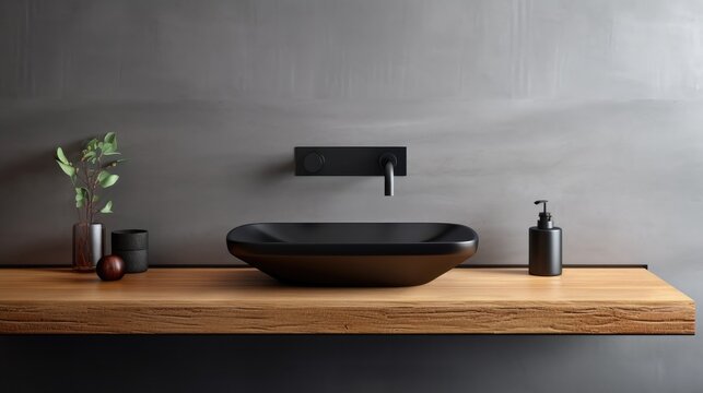 Stylish black vessel sink and faucet on wall mounted wooden countertop near concrete tiled wall with copy space. Minimalist interior design of modern bathroom