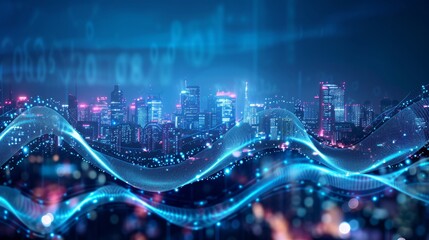 Smart city and big data connection technology concept with digital blue wavy wires with antennas on night megapolis city skyline background, double exposure   