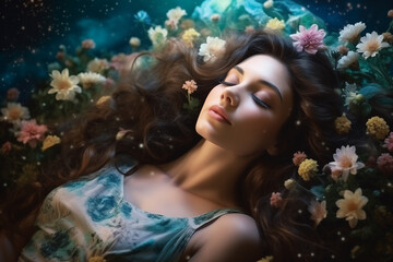 Fototapeta premium Portrait of beautiful young woman, sleeping on a bed of flowers and stars, dream concept
