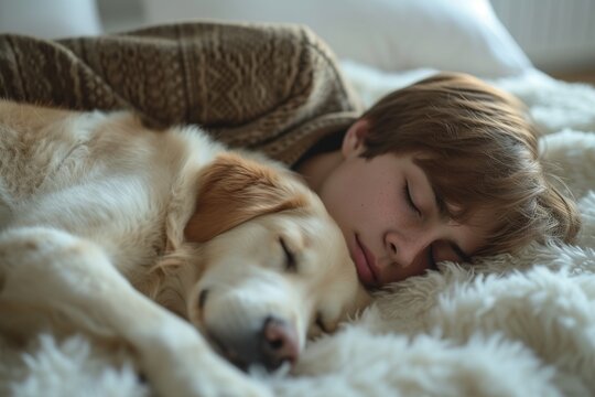 At home, a young man and his adorable dog share a heartwarming moment of rest in a comfortable white bed, depicting companionship and tranquility