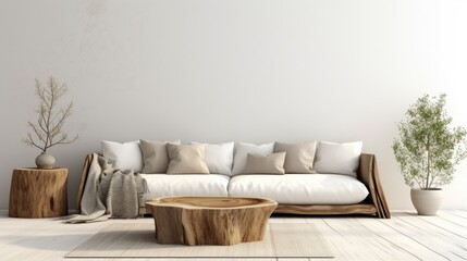 Trees stump coffee tables and white sofa with woolen blanket against white wall with copy space. Scandinavian rustic home interior design of modern living room - obrazy, fototapety, plakaty