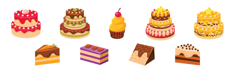 Sweet Cake and Cupcake Dessert with Cream Vector Set