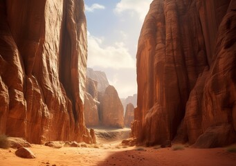 A serene desert canyon with towering rock formations