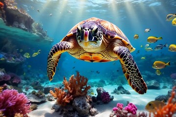 .underwater sea turtle swims red sea. Image for 3d floor. Underwater world. Turtle. corals