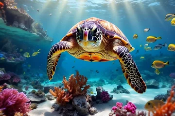  .underwater sea turtle swims red sea. Image for 3d floor. Underwater world. Turtle. corals © HeriAfrilianto