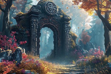 Stunning portal adorned with Viking rune, forest landscape