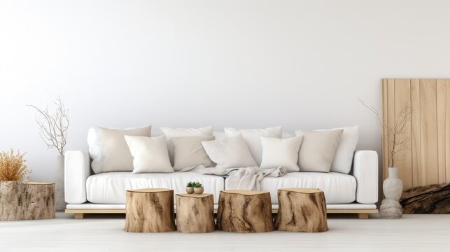 Trees stump coffee tables and white sofa with woolen blanket against white wall with copy space. Scandinavian rustic home interior design of modern living room