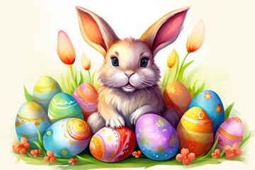 Easter bunny with eggs colorful, Cartoon