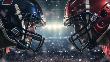 Fototapeta premium Two American football players facing each other, helmets touching, in a confrontational stance with a stadium crowd in the background. 