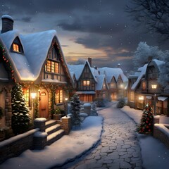 Christmas and New Year holiday background. Winter village at night. 3d rendering